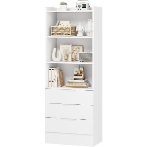 DICTAC 73.23'' Tall Storage Cabinet Bookcase with 3 Drawers and 3-Tier Open Shelves Wooden Bookshelf Kitchen Pantry Storage Organizer Cabinets for Living Room, Study, Kitchen,Bathroom,White