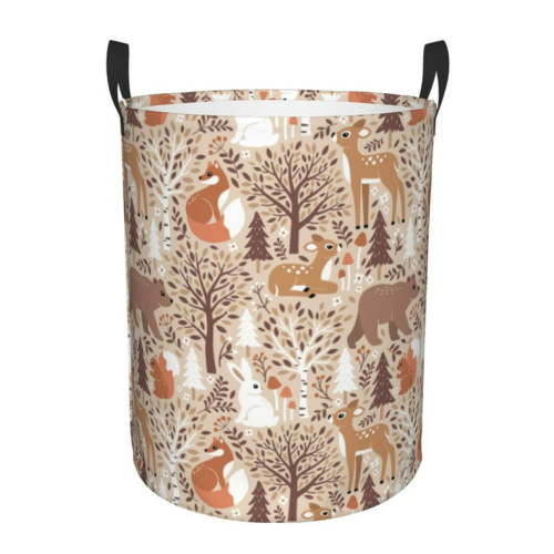 Laundry Basket, Woodland Animals in Neutral Tones Waterproof Laundry Hamper with Padded Handles, Clothes Hamper for Laundry, Bedroom, Dorm, Towels, Laundry Bin Easy Storage