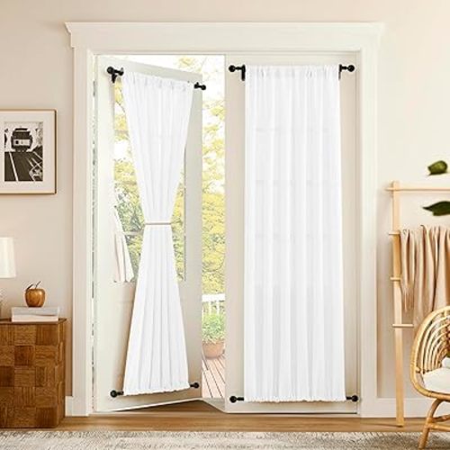 Tollpiz Linen Door Curtain Doorway Semi Sheer Curtains Closet Light Filtering Drapes Dual Rod Pocket Boho Window Curtain for Room Divider, 25 x 72 inches Long, White, 1 Panel