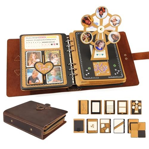 Handmade Genuine Leather Scrapbook Photo Album – DIY 3D Interactive Memory Book for Wedding, Baby, Family Photos (Travel, Anniversary, Birthday Gift)- D.Brown