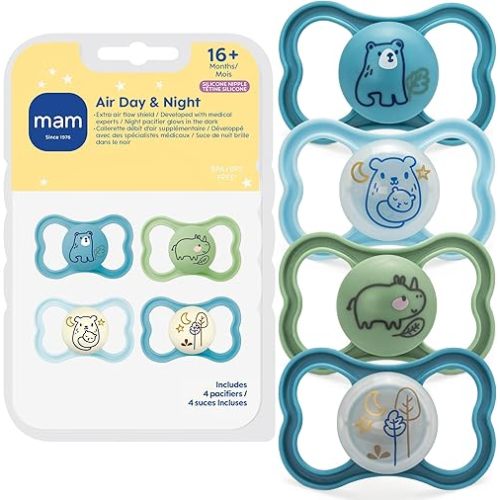 MAM Air Pacifier for Babies 16+ Months, Extra Air Flow for Sensitive Skin, Glows in The Dark, Developed with Medical Experts, BPA-Free Skin Soft Silicone, 4 Count, Made in Europe