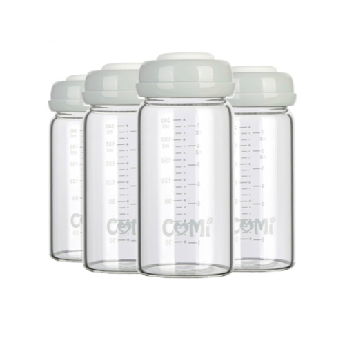 COMI Wide Neck Glass Breastmilk Collection n Storage Bottle, 8oz with Screw Ring Sealing Disk; Re-markable Sealing Disc. BPA Free, Fits Breast Pumps & Nipples (4 Gray Lids)