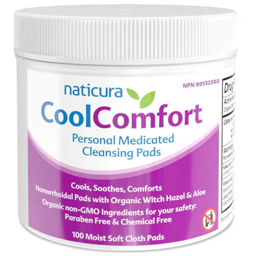 CoolComfort Personal Cleansing Pads with Organic Witch Hazel and Aloe Vera - All Natural and Fast Acting Wipes for Hemorrhoid Burning Itching Pain and Swelling - 100 Pads - No Parabens - Made in USA