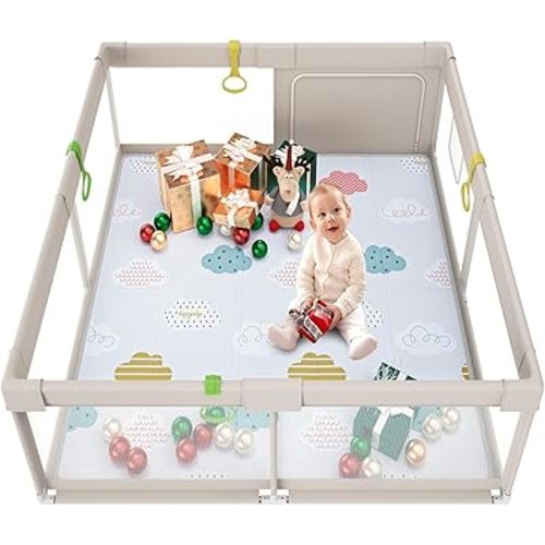Fodoss Baby Playpen with Mat, 71×59inch Playpen for Babies and Toddlers, Extra Large Baby Playard Indoor & Outdoor