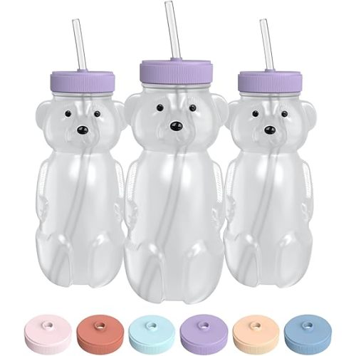 Honey Bear Straw Cup for Babies, 8-oz Honey Bear Cup with Lid, 3-Pack Therapy Learning Honeybear Straw Cup, Baby Honey Bear Bottle Set, Unicorn PURPLE