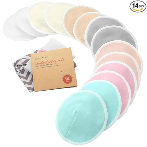 Organic Nursing Pads - 14 Washable Breast Pads for Breastfeeding, Wash Bag, Viscose Derived from Bamboo Reusable Nipple Covers for Breastfeeding Essentials, Soft & Absorbent (Pastel Touch, L 5")