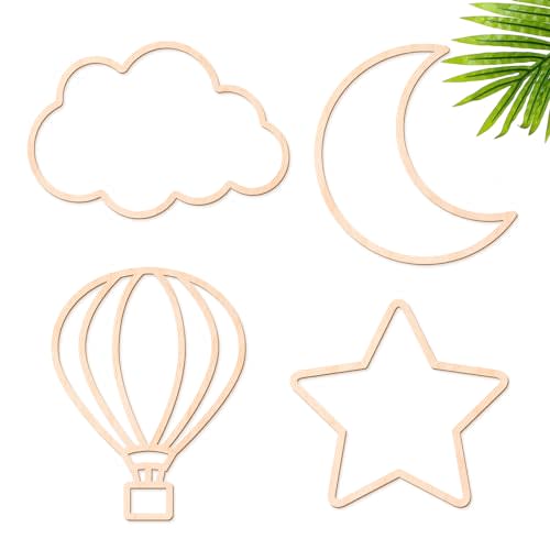 4 Pieces Boho Nursery Cloud Star Wall Decor Wooden Babyroom Moon Rattan Wall Decor Wooden Rainbow for Children Baby Kids Boys Girls Bedroom Nursery Pendant(Cloud Star Moon Hot Air Balloon)