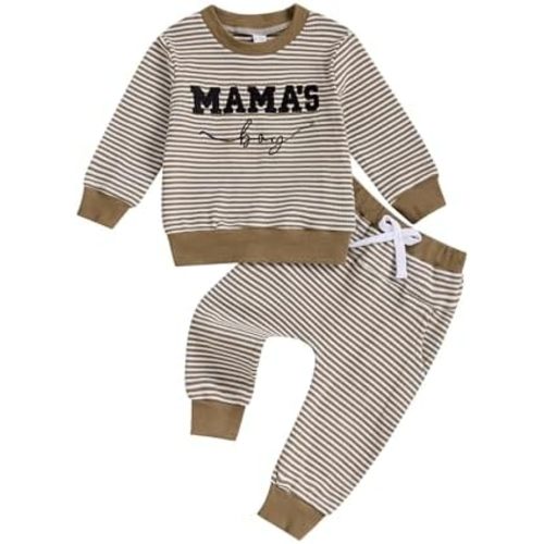 Toddler Baby Boy Clothes Mamas Boy Embroidered Striped Long Sleeve Sweatshirt Pants Set 2 Pcs Fall Winter Outfits
