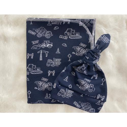 Navy Blue Construction Equipment Swaddle Blanket & Hat Set. Newborn Boy Take Home Set. Baby Boy Shower Gift. Newborn Boy Photo Prop.