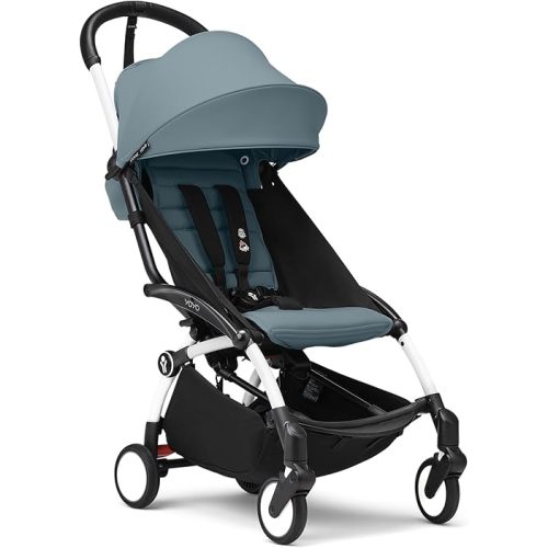 Stokke YOYO3 Stroller from 6 Months - Includes White Frame/Aqua Seat Cushion + Canopy - Folds in & Out in a Flash - Light & Compact - Carry-On Compatible