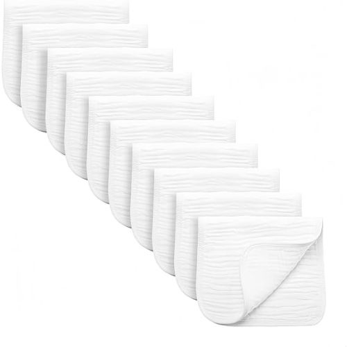 Synrroe Burp Cloths Large, Muslin Burp Cloths for Baby Girls and Boys, Pack of 10 Extra Absorbent and Soft Muslin, 6 Layers 20 by 10 Inches 100% Cotton (White 10 Pack)