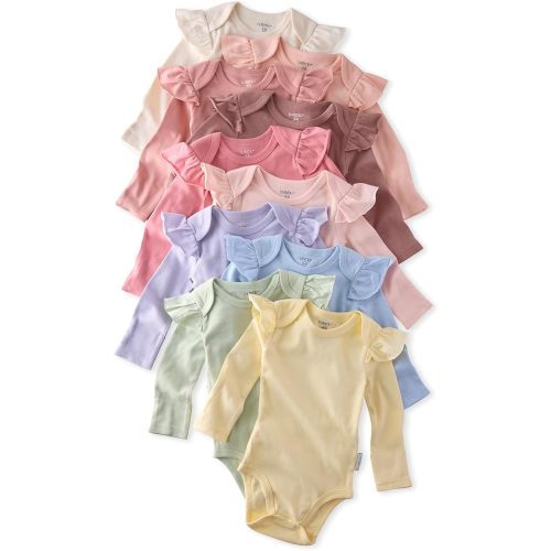 Ashley 10-Pack Long Sleeve Ruffle Shoulder Bodysuits 100% Organic for Baby Girls