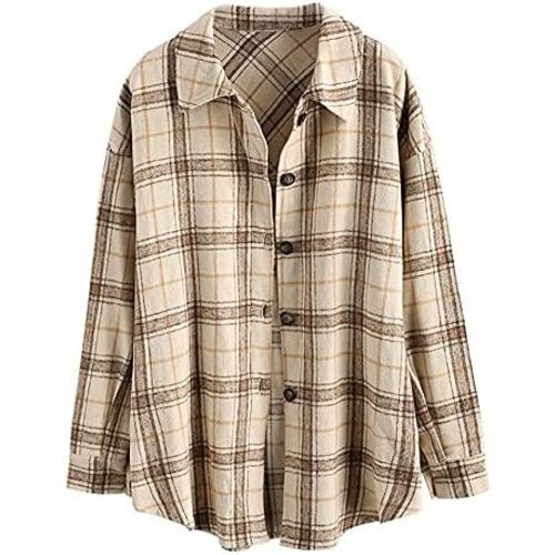 ZAFUL Women's Plaid Long Sleeve Shirt Button Down Thin Jacket Casual Flannel Plaid Shacket with Pocket