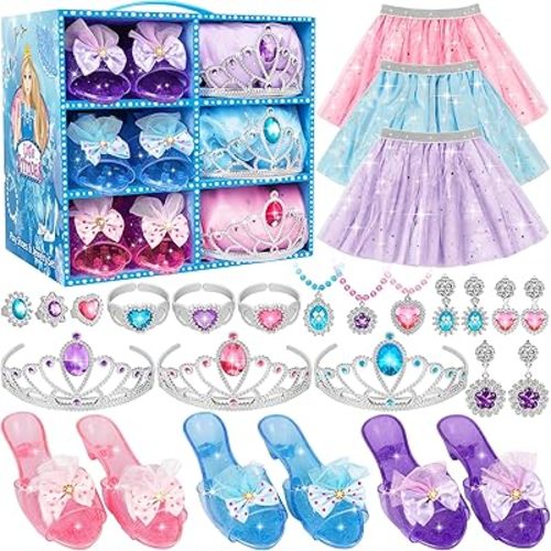 Princess Dress Up Toys & Jewelry Boutique Set for Girls, Costume Play Set with Skirts, Shoes, Crowns & Accessories, Pretend Role Play Gift for Toddler Girls Ages 3 4 5 6, Birthday Party Favors