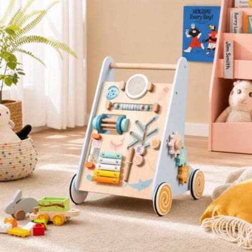 Wooden Baby Walker with 8-in-1 Activity Center and Wheels for Toddlers, Blue