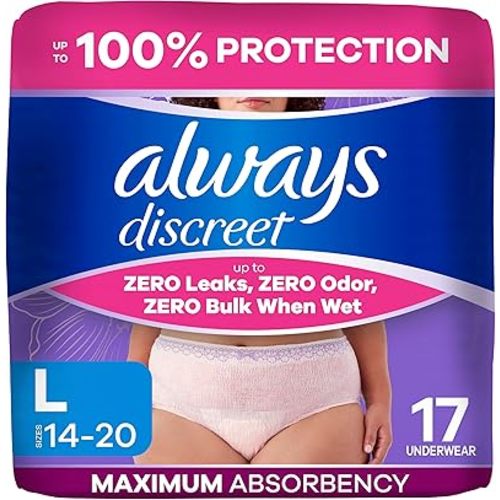 Always Discreet Adult Diapers for Women, Incontinence Underwear, Postpartum Essentials, Disposable Briefs, Max Absorbency, Bladder Leak Protection, Large, 17ct
