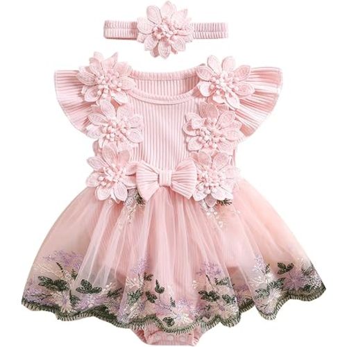 Douhoow Baby Girl Dress Romper Baby Romper Dress Flowers Embroidery Tulle Skirt Infant Girl Summer Clothes with Headband