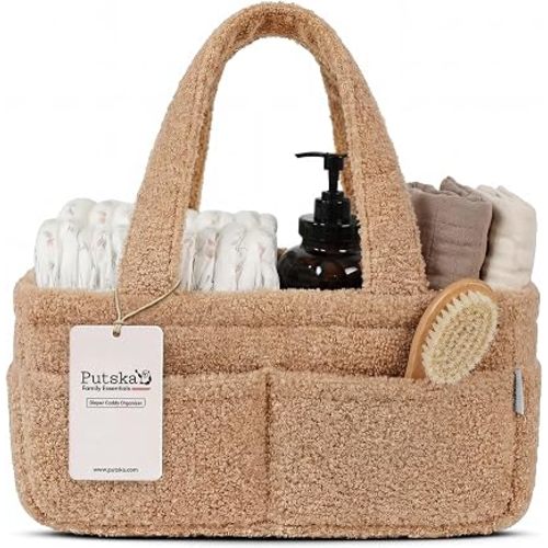 PUTSKA Baby Diaper Caddy Organizer for Changing Table – Stylish Nursery Storage Basket, Newborn Essentials, Baby Shower Gifts and Registry Must-Haves for Boy or Girl, Car Diaper Caddy, Fleece Grey