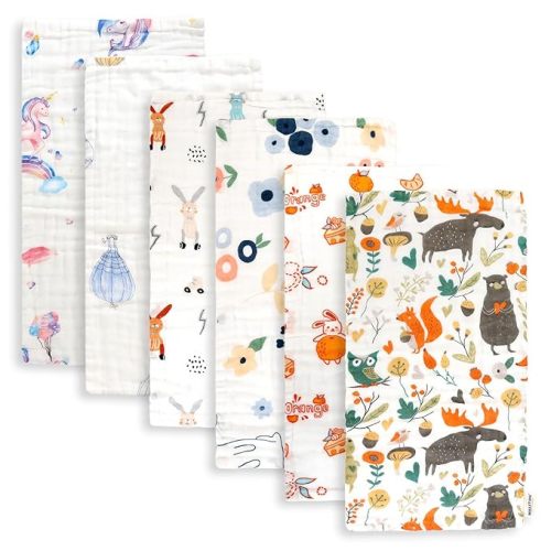 Maliton Muslin Burp Cloths for Baby Girl 6 Pack Large 20''x10'' 100% Cotton Burp Rags Absorbent and Soft 6 Layers Muslin Cloth Baby Boy Newborn Essentials Must Haves(Fairy Tale, Pack of 6)