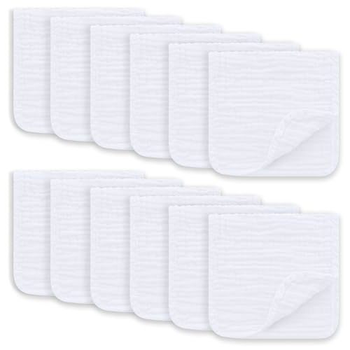 Ease Cubs Muslin Burp Cloths Large 100% Cotton Hand Washcloths for Boys & Girls, Baby Essentials Extra Absorbent and Soft Burping Rags for Newborn Registry (White, 12-Pack, 20" X10")