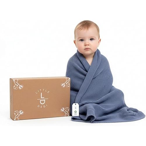 100% Organic Cotton GOTS Certified Baby Knitted Blanket with Gift Box - Soft Toddler, Crib, Stroller Blanket - Neutral Swaddle and Receiving Blanket for Newborns, 30"x40", Grey Blue