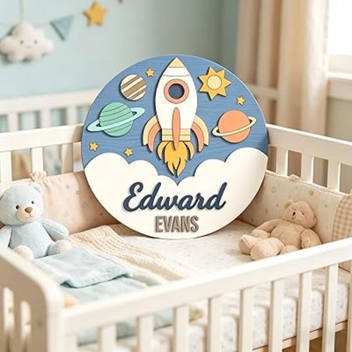 Personalized Kids Name Sign Wall Decor, Custom Wooden Space Nursery Wall Art with Rocket and Planets, Baby Boy Room Decoration, Round Name Plaque for Bedroom Nursery Decor