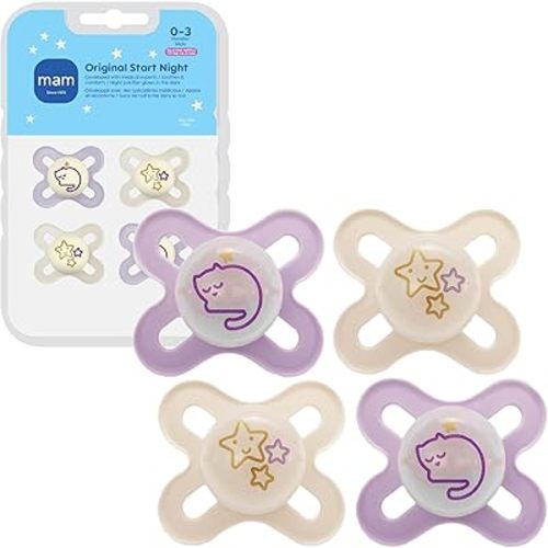 MAM Original Start Night Baby Pacifiers 0-3 Months Newborns, BPA-Free Skin Soft Silicone Nipple, Glows in The Dark, Developed with Medical Experts, 4 Count
