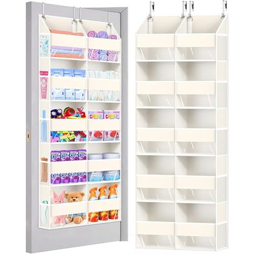Heavy Duty Over The Door Organizer 5 Tiers, Extra Large Behind Door Storage of 10 Big Front & 10 Mesh Pockets, 80lb Weight Capacity, Doors Organizer Hanging for Closet Bathroom Bedroom Nursery, Beige