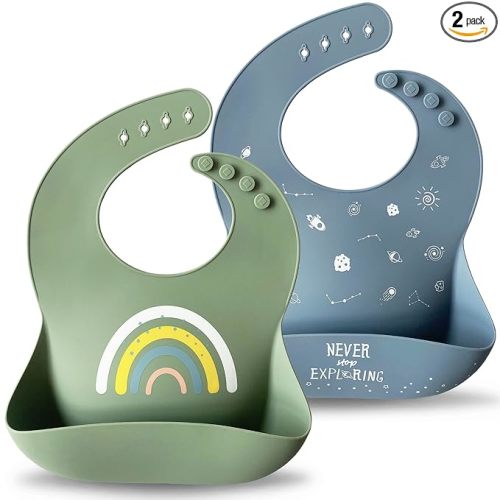 Moonkie Silicone Baby Bibs Set of 2, BPA Free Waterproof Baby Bibs for Eating, Soft Adjustable Silicone Bibs for Babies 6-12 Months, Toddler Bibs with Large Pocket Food Catcher (Tradewinds/Sage)