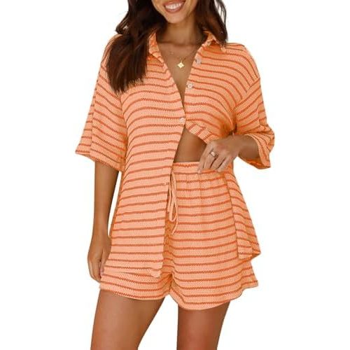 Tankaneo Womens Striped 2 Piece Sets Short Sleeve Button Down Shirt and Shorts Waffle Knit Pajama Lounge Set Summer Outfits