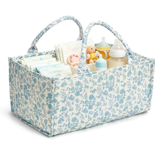Diaper Caddy Organizer,Cute Floral Nursery Storage Basket,Soft Portable Changing Table Car Caddy Organizer Gift (Blue Floral B)