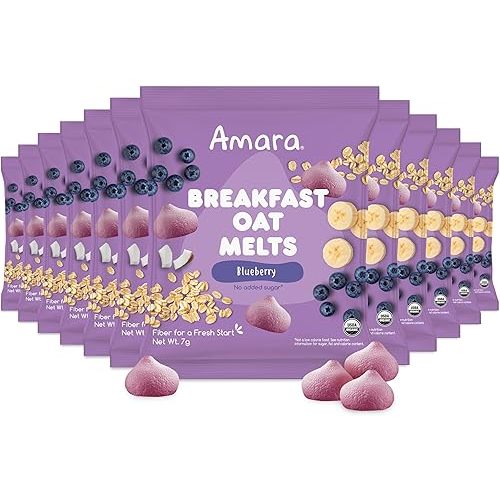 Amara Breakfast Oat Melts - Organic Toddler Snack - Single Serve Fiber-Packed Oat Bites with Real Fruit, No Added Sugar, Quick Dissolving, Blueberry - 12 Pack