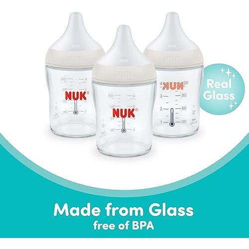 NUK Perfect Match Glass Natural + Anti-Colic Bottle, 4 oz. Glass Baby Bottles with SafeTemp Temperature Indicator, Newborn Essentials, 3-Pack