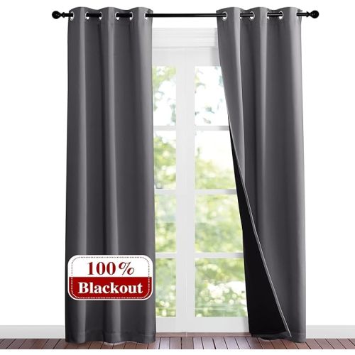NICETOWN Grey Full Shade Curtain Panels, Pair of Thermal Insulated & Energy Efficiency Blackout Curtains for Living Room Windows, Lined Silky Performance Window Dressing (37" Wide x 84" Long, Gray)
