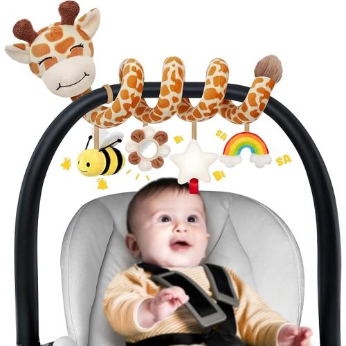 Stuffed Spiral Car Seat Baby Toys 0-6 Months, Infant Carseat Sensory Toys Hanging Stroller Accessories, Newborn Shower Gifts for Baby Boys Girls Essentials | Cute Colorful Giraffe