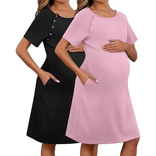 Huukeay 2 Pack Labor Delivery Nursing Hospital Gown Women's 35% Cotton Maternity Birthing Dress 3 In1 Breastfeeding Pajamas