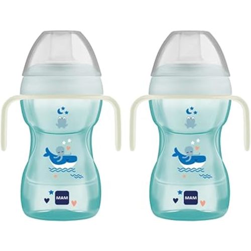 MAM 9.5oz Fun to Drink Cup, 8+ Months, Spill Proof Baby Training Cup with Glow in The Dark Handles, Soft Silicone Spout, BPA Free, Bottle to Cup Transition, Dishwasher Safe, 2 PkMade in Europe