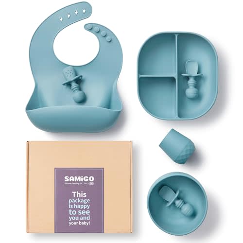 SAMiGO Silicone Baby Feeding Set Eating Essential Baby Led Weaning Supplies | For 6-12 Months, First Set for Starting Solid Food, Self Feeding Baby Spoons and Suction Bowl & Plate, Open Cup, Bib, 7 Pcs