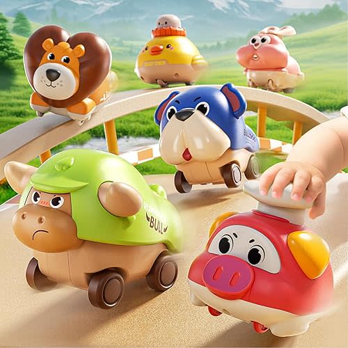 6 Pack Press and Go Car Toys for Toddlers 1-3, Baby Push Go Animal Cars for 12-18 Months, Infant Play Race Vehicle Set, First Birthday Toy Gifts for 1-2 Years Old Boys Girls
