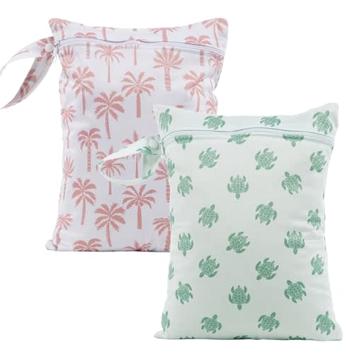 CoolaPeach 2Pcs Baby Wet Dry Bags for Cloth Diaper,Waterproof Reusable Travel Bags, Beach, Pool, Gym Bag for Swimsuits, Beach Vacation Essentials (Coconut Tree and Turtle)