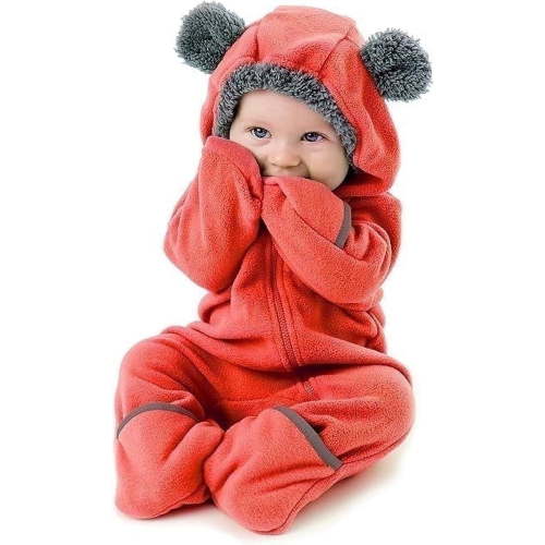 Cuddle Club One Piece Romper Hooded Fleece Onesie Jumper for Baby, Red Bear 3-6 Mos