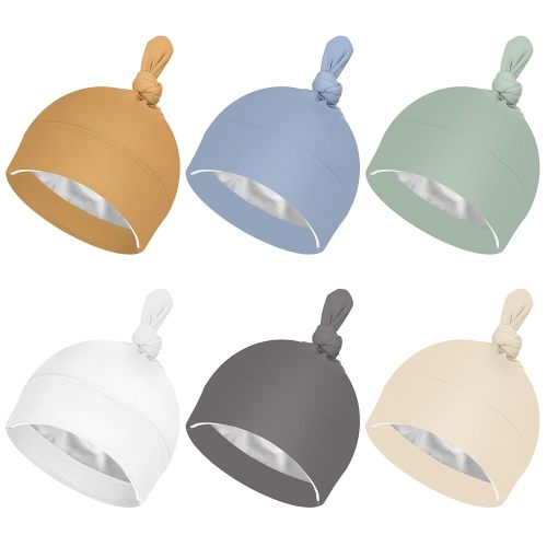 Shihanee 6 Pcs Satin Lined Baby Newborn Hats Set Knot Beanie Hats Soft Silk Satin Lined Beanie Infant Toddler Cap for Hospital Girls Boys 0-6 Months Baby Multicolor