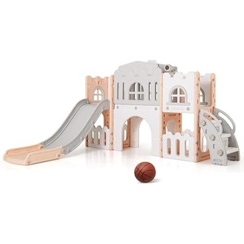 Costzon 8 in 1 Toddle Slide Playset, Freestanding Kids Slide w/Tunnel, Basketball Hoop, Toddler Climber Slide Playset Indoor Playground for Kids 1-3 w/Storage Space, Gifts for Boys Girls (Pink)