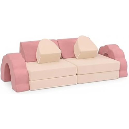 10-Piece Mini Kids Play Couch, Modular Flower Foam Sofa for Toddlers, Convertible Soft Play Sofa with Washable Cover, Indoor Climbing Furniture for Nursery & Playroom, Pink & Beige