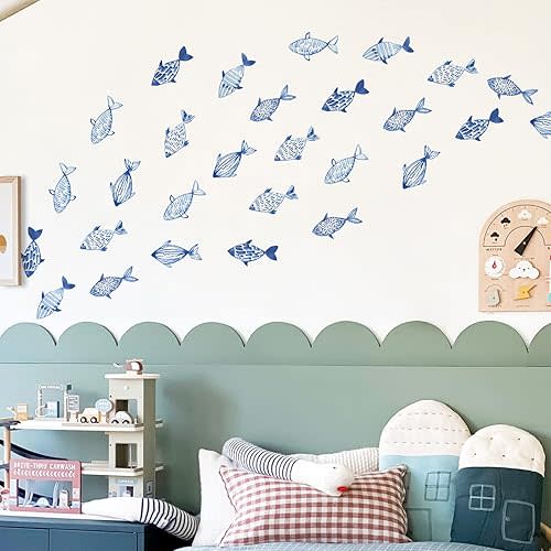 Under The Sea Wall Decals Peel and Stick, Vinyl Ocean Fish Wall Stickers for Kids Bedroom Playroom Decals, Wall Art Sticker Decor for Nursery Classroom Bathroom, Blue Fish