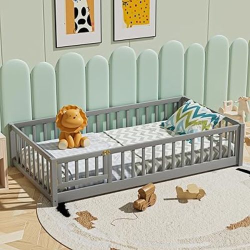 i-POOK Twin Floor Bed for Children, Sturdy Wood Montessori Bed Frame with Wood Slats, Fence & Door, Montessori Floor Bed for Girls and Boys, Gray