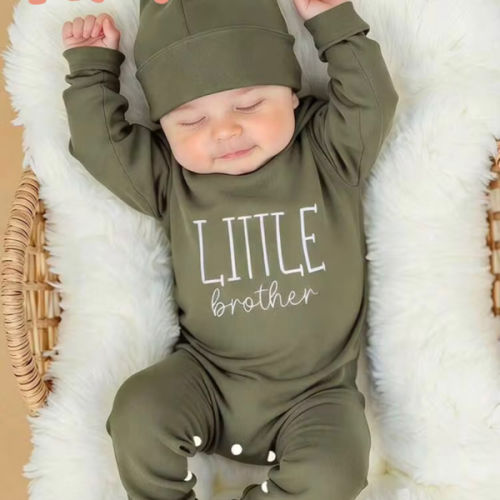 SHEIN 2Pcs Set Newborn Boy Photography Outfits Little Brother Embroidery Baby Coming Home Outfit Baby Shower Gift 1 Month 3 Month Infant Photo Props | SHEIN USA