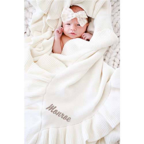 Embroidered Knit Blanket With Ruffle | Ivory
