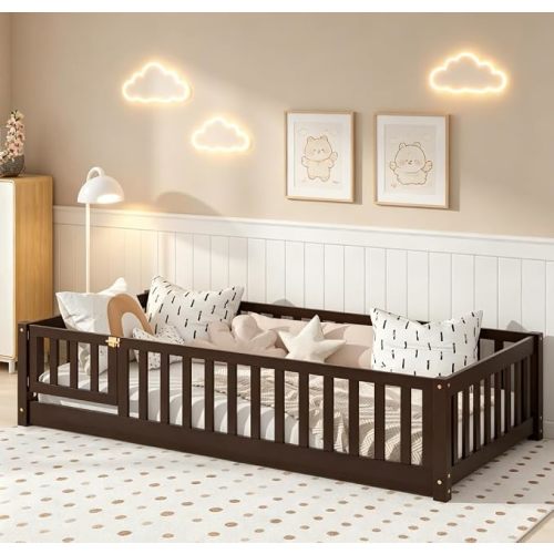 Bellemave Twin Size Montessori Floor Bed with Rails, Pine,Rubber Wood Twin Floor Bed with slats and a Small Door, Espresso