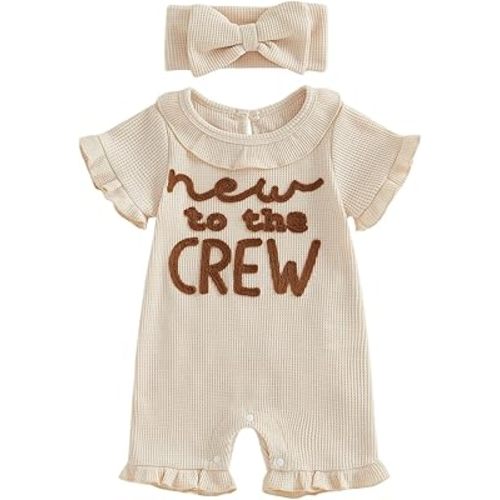 allshope Newborn Baby Girl Summer Outfit Romper Letter Embroidery Ruffle Collar Jumpsuit Bodysuit Cute Infant Waffle Clothes